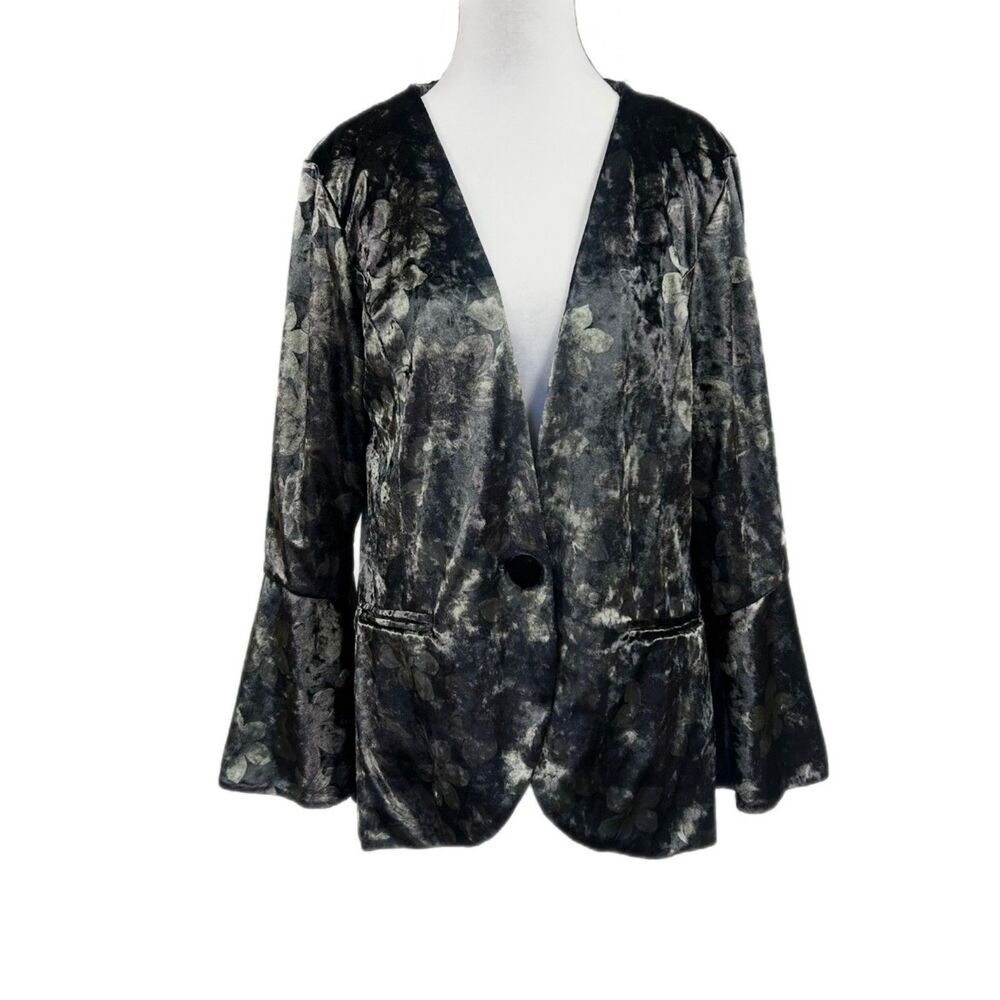 POL Dark Floral Velvet Whimsigoth Bell Flutter Sleeve Single Button Blazer Sz M